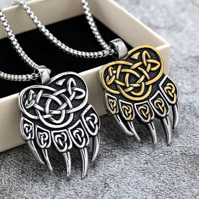 Titanium Steel Men Pendant Necklace Stainless Steel Viking Double‑Sided Bear Paw Charm Nordic Street Jewelry Gift