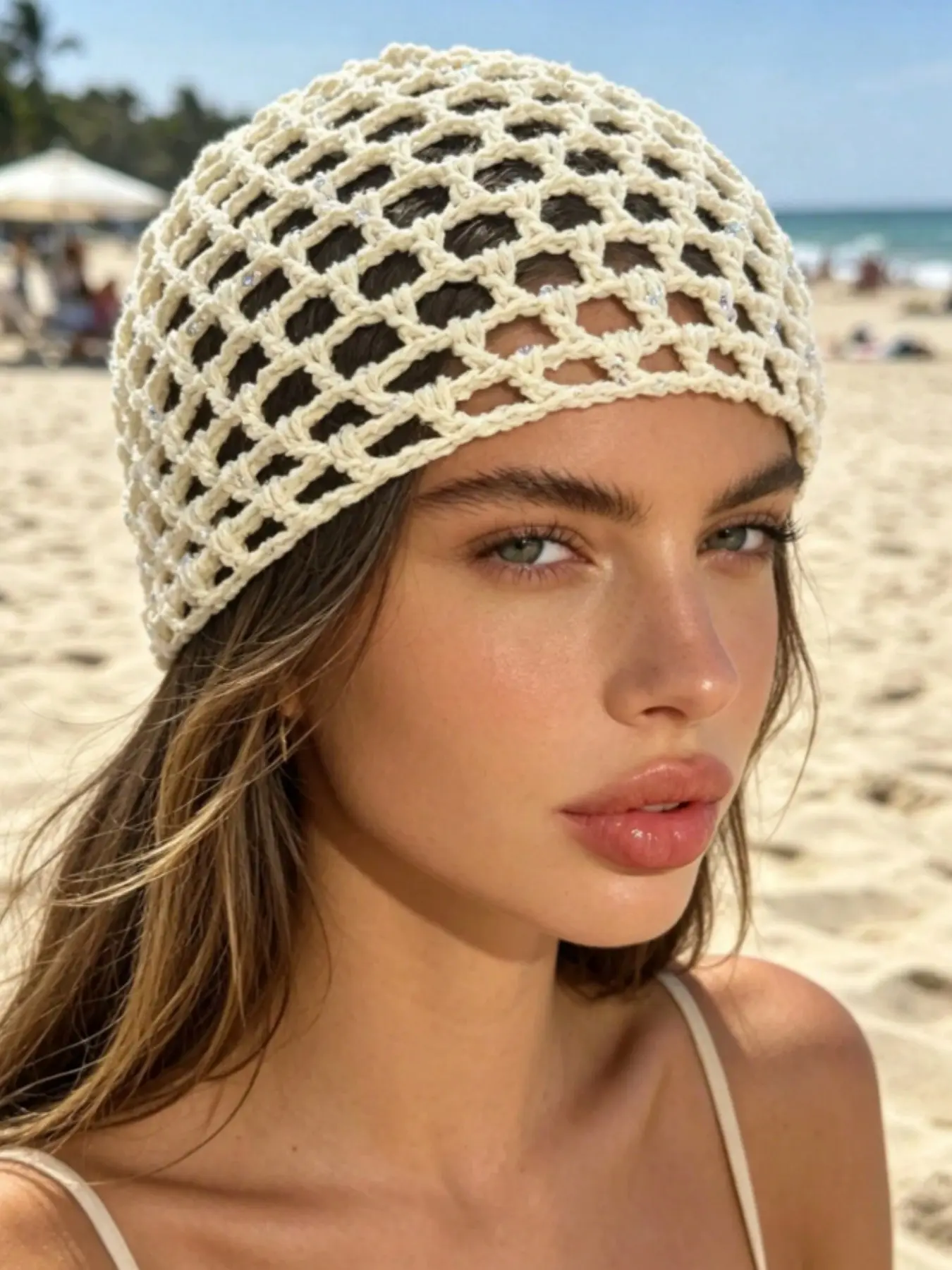 1-2Pcs Fashion Bohemian Crochet Hollow-out Sun Hats with Shell & Flower Decorations, Beanie Hats, Women Hair Accessories for Summer Beach & Travel, Vintage Elegant Style, All Season Wear