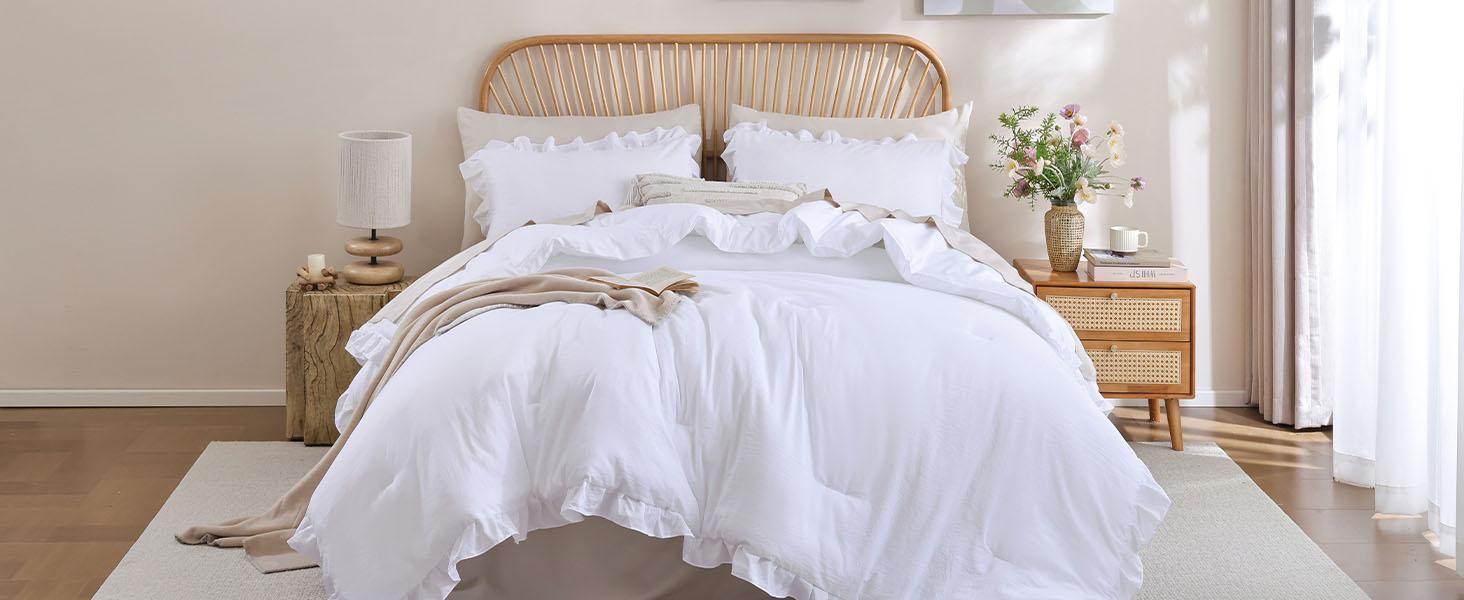 Twin Comforter Set White Comforter Ruffled Comforter Set Soft Twin Size Bed Set Vintage Farmhouse Bed Comforter Set Bedding with 1 Pillowcase
