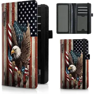 Leather Checkbook Cover for Men Women Check book Holder Cover Wallets for Personal Checks with RFID Blocking & Elastic Strap-Bald Eagle with Flag
