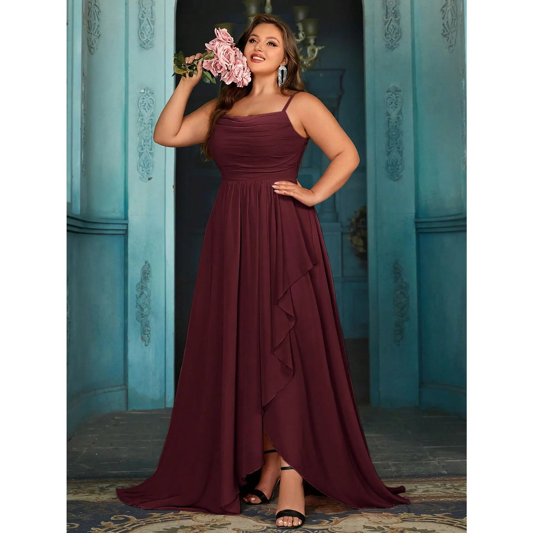 Women's Plus-Size Spaghetti-Strap Ruched Chiffon A-Line Maxi Gown - High-Slit Ruffled Skirt Formal Dress for Wedding Guests, Dresses for Women