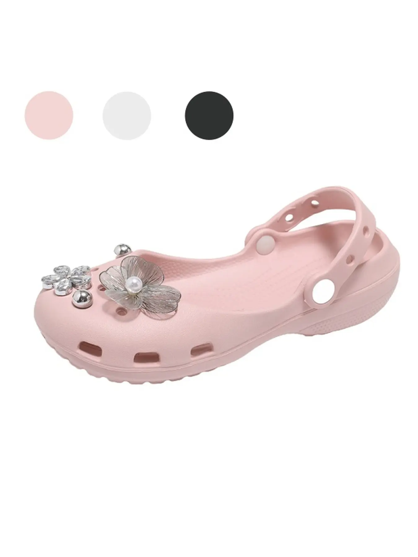 Female Soft Light Matte Pink Clogs Metal Floral & Crystal Ornament Adjustable Heel Strap Non-Slip Indoor Outdoor Slippers