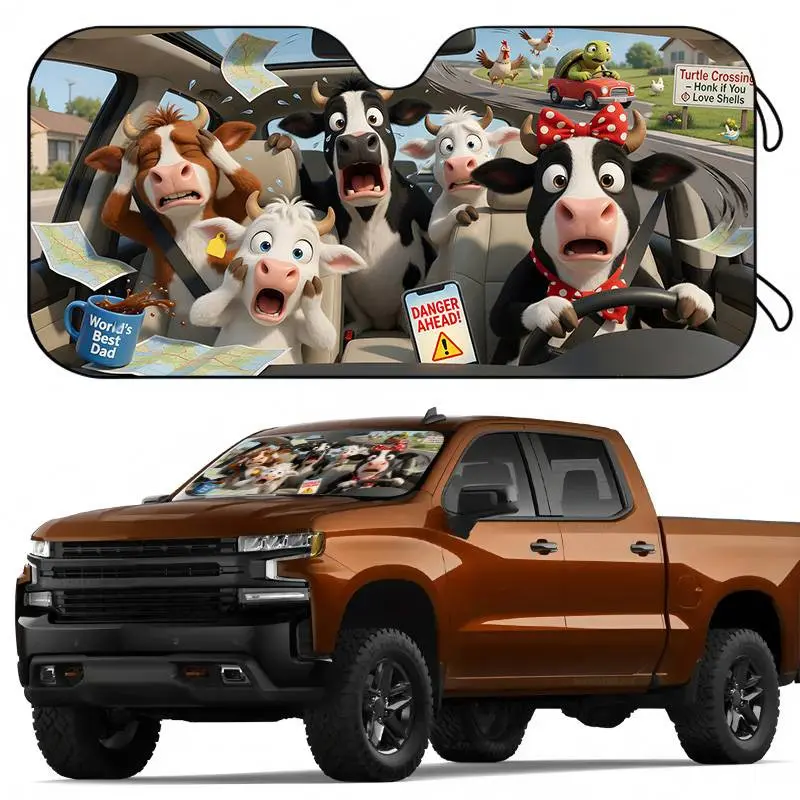 Cow Family Windshield Sun Shade,Sun Reflector Visor Protector Aluminum Foil Car Window Shades Keeps Interior Cooler