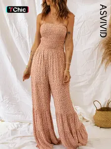 Women's Ditsy Floral Print Shirred Ruffle Hem Wide Leg Cami Lightweight Jumpsuit, Boho Tie Shoulder Sleeveless Jumpsuit for Beach Holiday Vacation, Ladies Summer Clothes