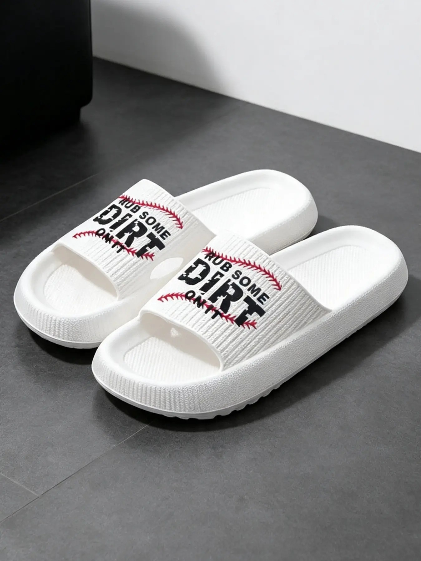 Baseball Stitch Print Platform Slides, Cloud Soft Eva Non-Slip Slippers, Indoor Outdoor, Runs Small, Wide Feet Size Up One Size