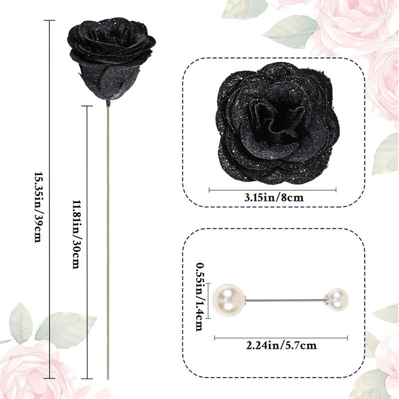 Black Glitter Roses Bouquet, DIY   Bouquet, Artificial Rose Bouquet for Valentine's Day, Anniversary, Engagement, Wedding, 24 Roses