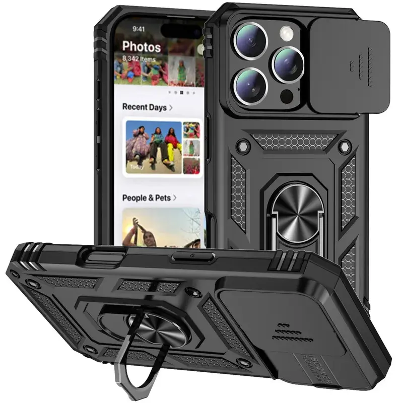 Ring Stand Rotating Slide Camera Lens Military Grade Armor Case for iPhone 17 16  E 14 13 12 11 15 Pro Max Plus Mini Cover