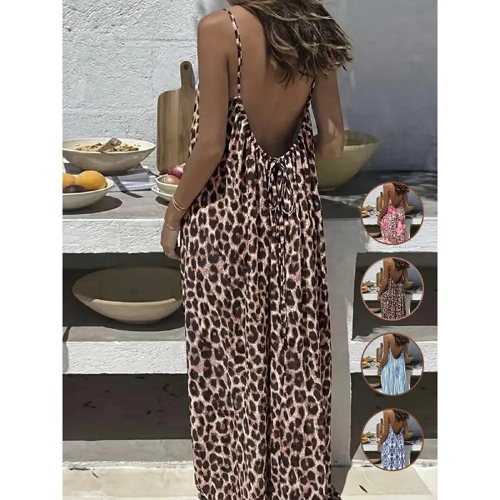 Women's Leopard and Striped Backless Maxi Dress, Elegant Sleeveless Long Lounge Dress for Summer Beach and Vacation, Ladies Casual Wear Women's Leopard and Striped Backless Maxi Dress, Elegant Sleeveless Long Lounge Dress for Summer Beach and Vacation, Ladies Casual Wear