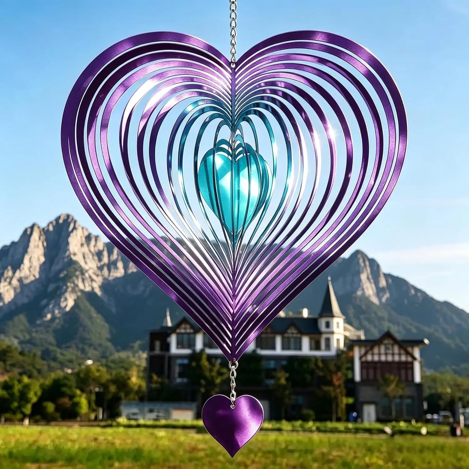 Stainless Steel Reflective Purple Heart Wind Spinner, Sparkly Bird Deterrent for Yard & Patio, Outdoor Gifts for Mom Women