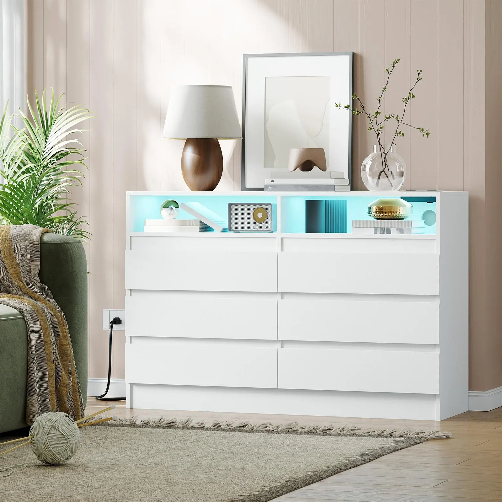 White MDF Modern 6-Drawer Dresser with LED Lights, Charging Station, Gold Handles - Bedroom Decor Ideas, Wide Media Console TV Stand for Bedroom, Living Room