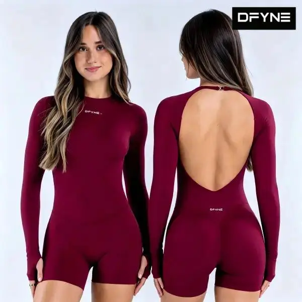 DFYNE Seamless Long Sleeve Jumpsuit | Scrunch Booty Tummy Control Bodysuit, Viral Hourglass Gym Catsuit for Women