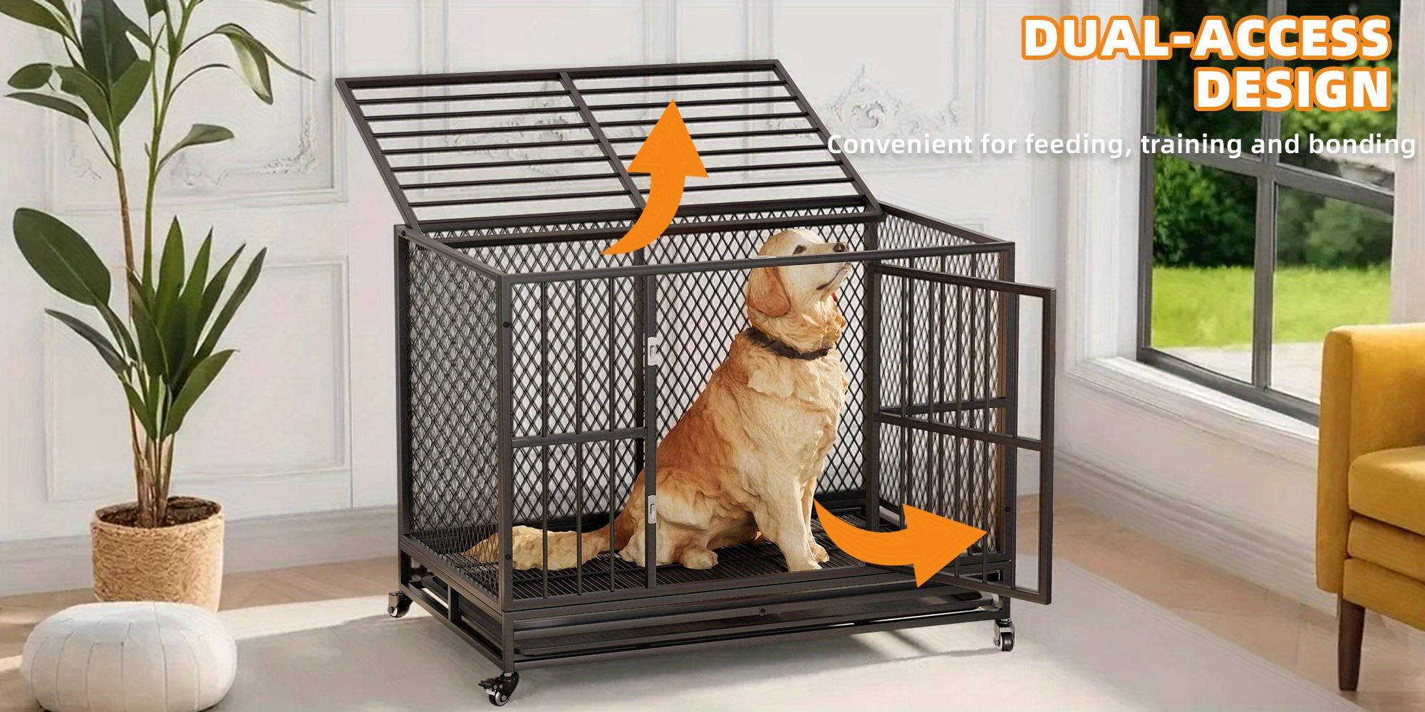 37" Heavy Duty Dog Crate Furniture for Small & Medium Dogs (132 lbs Max), Sturdy Black Indoor Kennel with Metal Mesh, Removable Tray & 360° Lockable Wheels