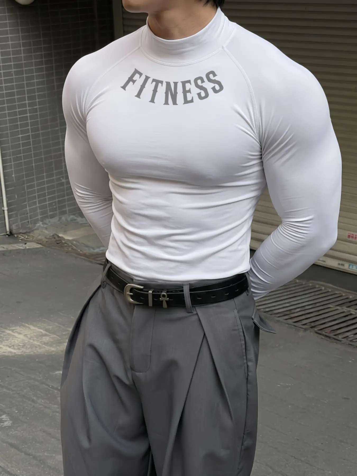 1-Pack Men’s White Compression Shirt, FITNESS Graphic Print, High Neck Long Sleeve Workout Top, Quick-Dry Moisture-Wicking High Stretch Athletic Wear for Gym Training, Running, Fitness & All-Season Sports