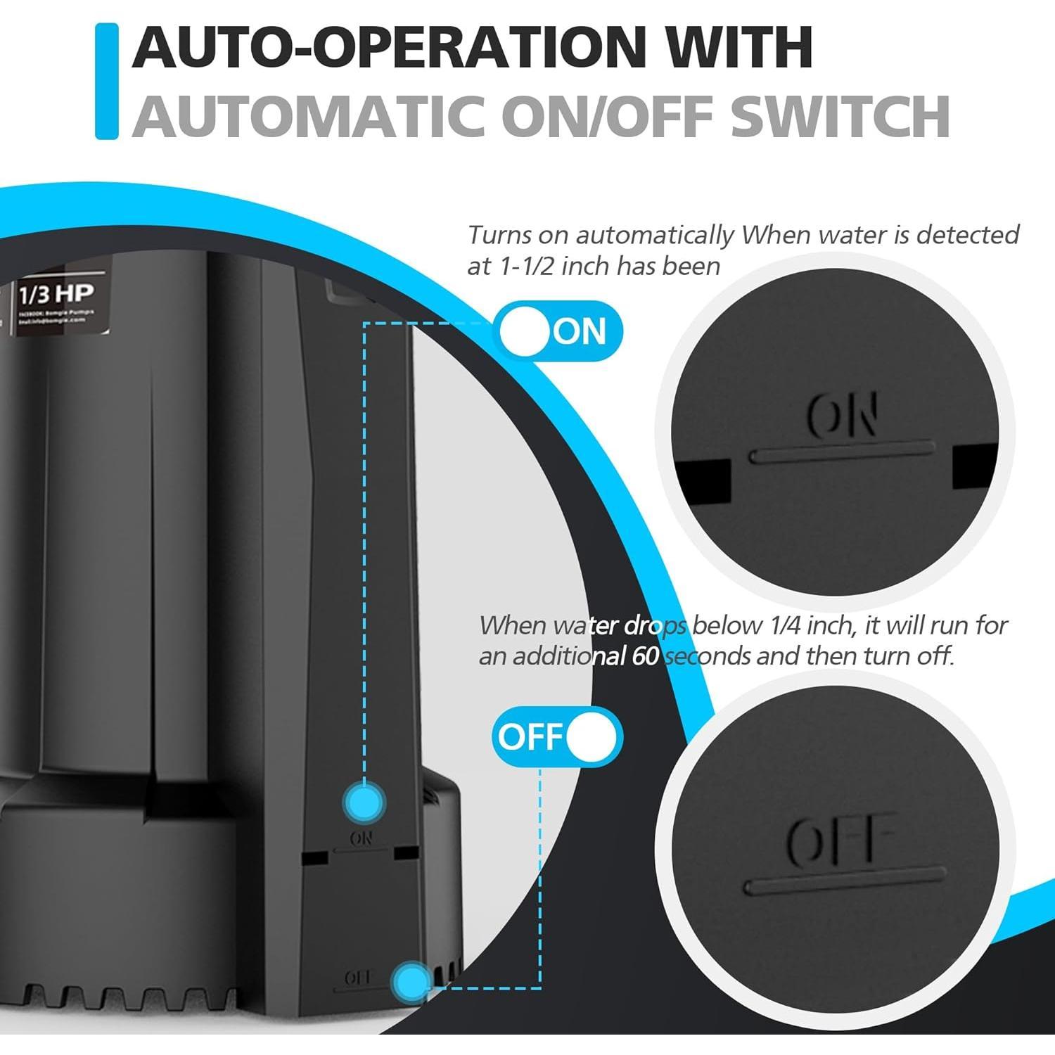 1/3  Automatic Water Pump, 2250GPH Submersible Utility Pump with 3/4" Garden Hose Check Valve Adapter Portable Electric Sump Pump Removal for Pool Draining Basement Hot Tubs Garden UTL-336PE