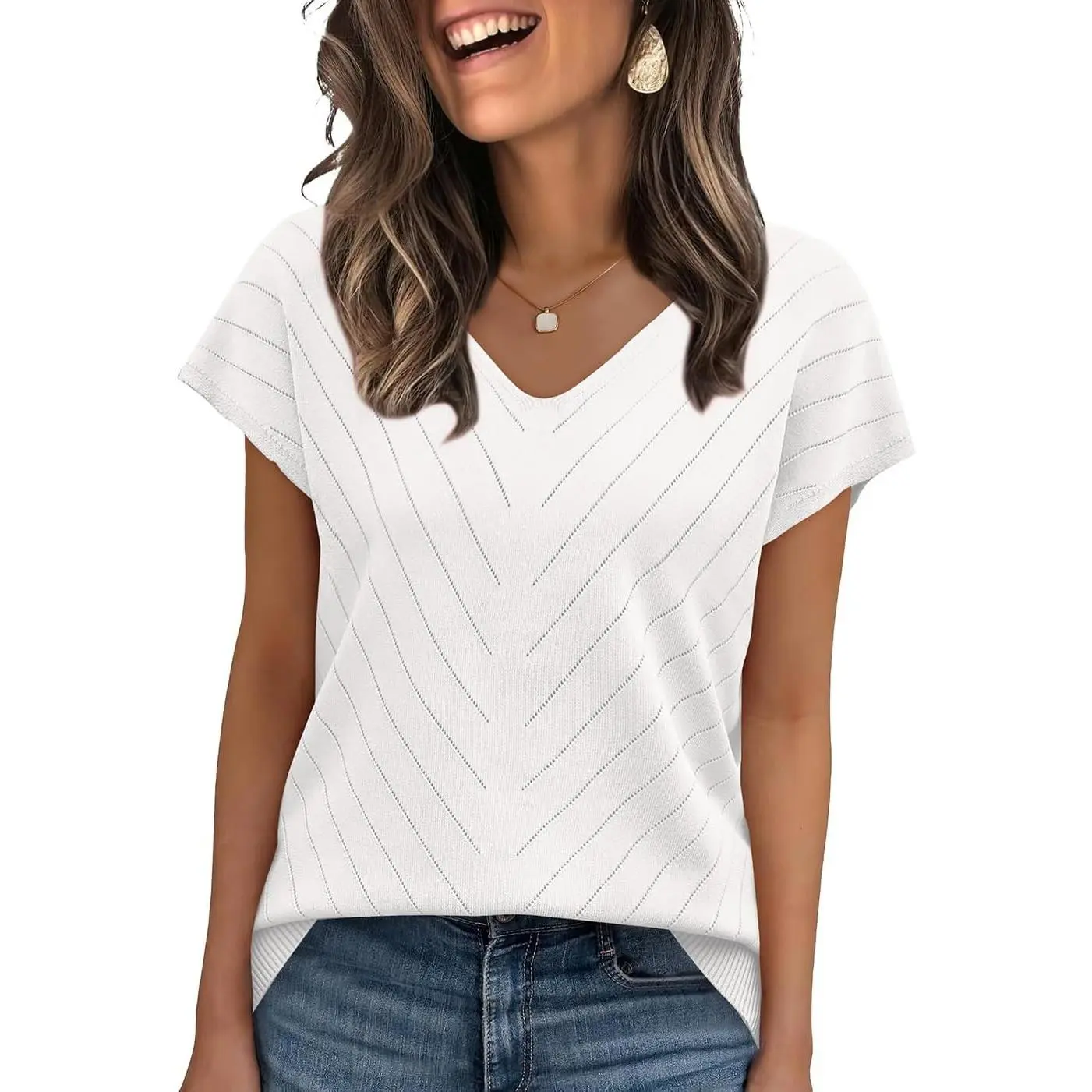 Women's Short Sleeve V-Neck Sweater Jacket - Denim Crochet Fashion Top for Teacher, Beach Vacation, Business Casual Outfits 2026 - Lightweight Comfortable Style