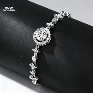 MUSE S925 Sterling Silver Moon & Star Bracelet Adjustable Sliding Bracelet with Moissanite or CZ for Women
