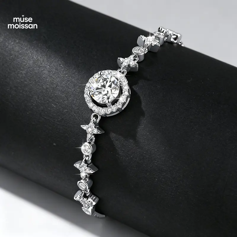 MUSE S925 Sterling Silver Moon & Star Bracelet Adjustable Sliding Bracelet with Moissanite or CZ for Women, Slides, Gemstone, Lab Created