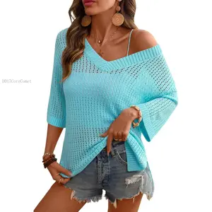 Women's Crochet V Neck Beach Cover Up 3/4 Sleeve Hollow Out Knitted Pullover SweaterDD17CoreComet