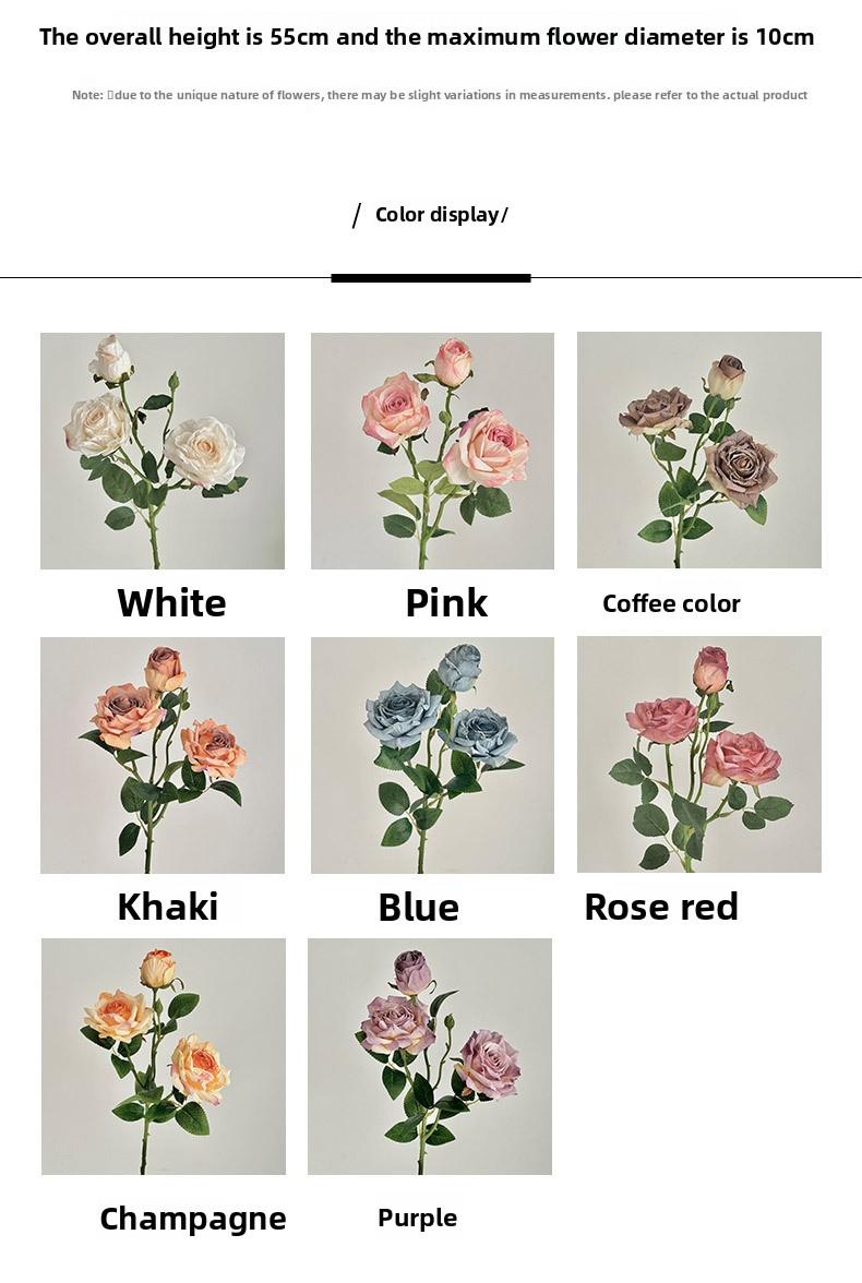 Vintage Burnt Edge 3-Head Rose Oil Painting Style Artificial Flowers Dried Flowers Handheld Bouquet Fake Flowers Decoration Photo Props