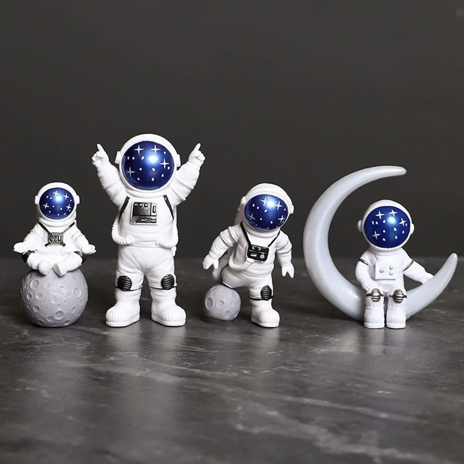 4-Piece Blue and White Resin Astronaut Statue Set, Spaceman Sculpture Ornaments, Outer Space Themed Home Decor for Children's Rooms, Cake Decoration