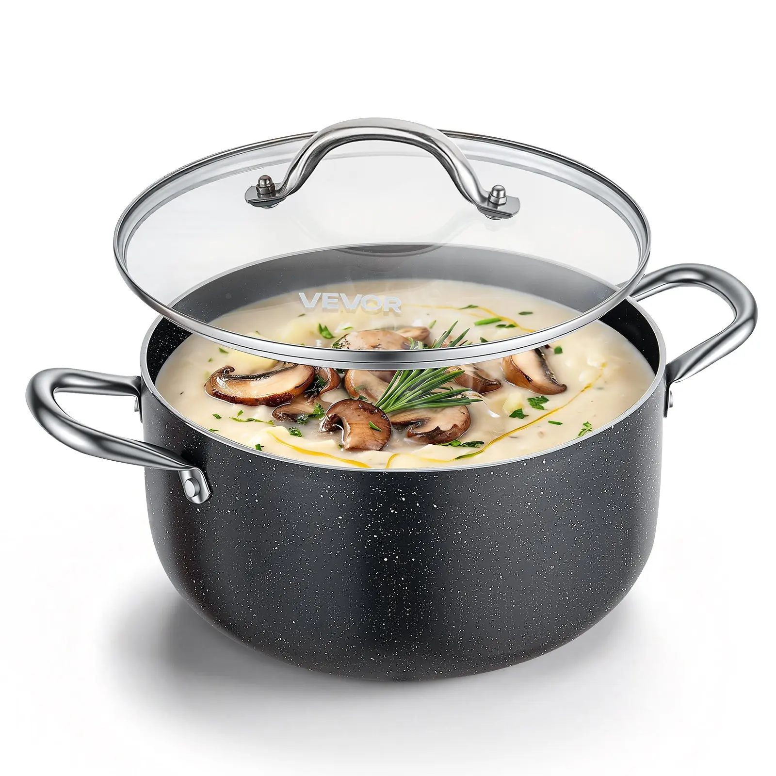 VEVOR 6-Quart Aluminum Stock Pot Cookware, Nonstick Ceramic Coated, PFOA-Free, PFAS-Free, with Glass Lid, Compatible with Gas, Induction, Electric Stoves, for Soups, Stews