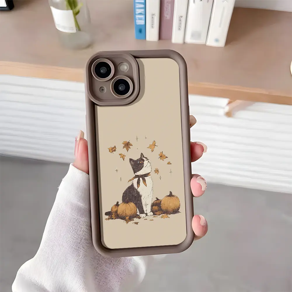 Autumn Maple Leaves Pumpkin Cute Cat 2D Print Silicone Smartphone Case, Shockproof Durable Soft TPU Protector with Lens Protection, Compatible with iPhone 18 Pro Max-11, Air, X, XS - Ideal Mobile Accessory Gift