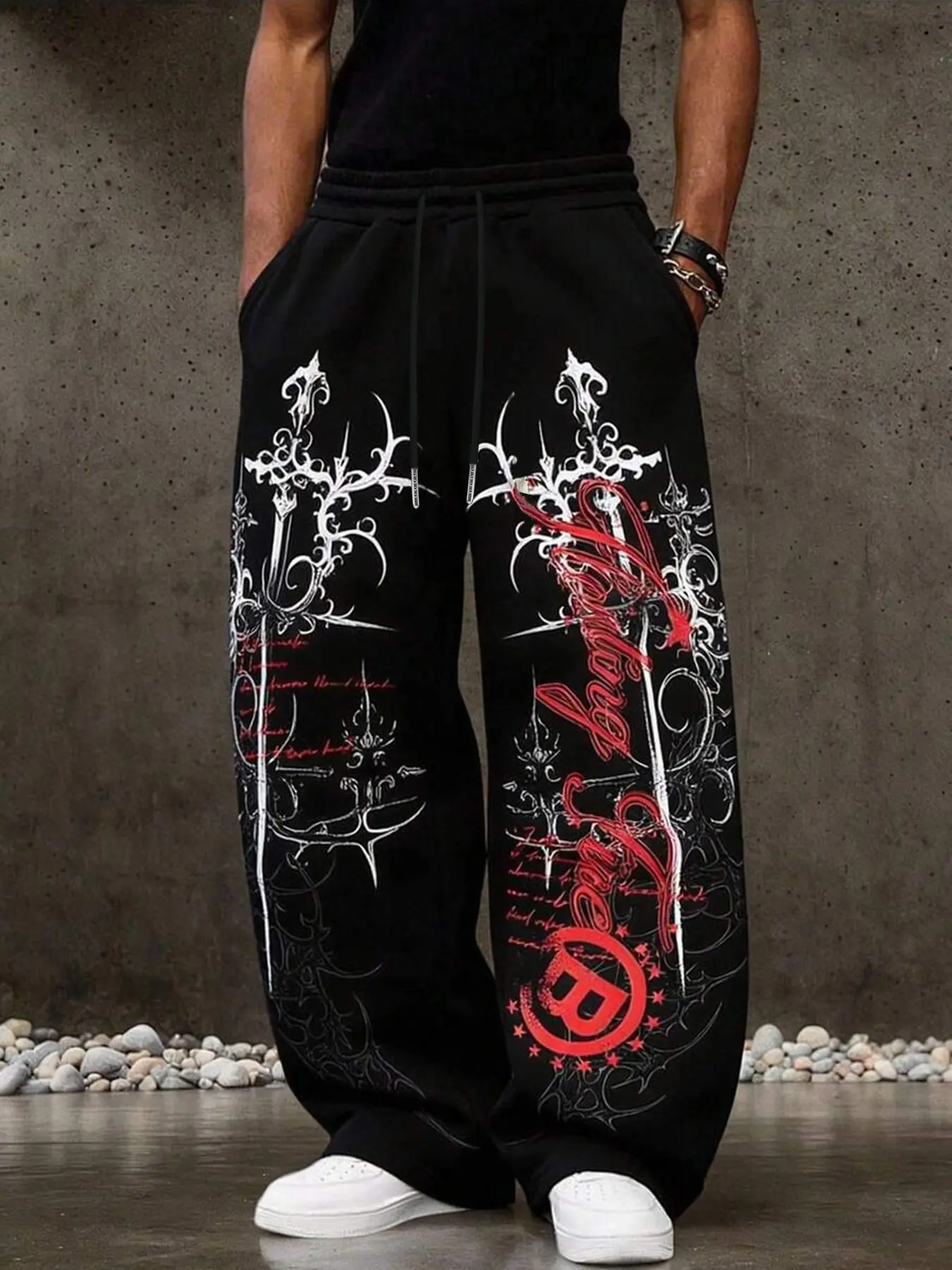 American Street Gothic Thorn Cross Colorblock Lettered Wide Leg Drawstring Sweatpants, Loose Fit Casual Long Pants for All Seasons, Casual Loose Comfy