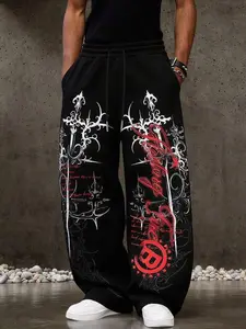 Gothic Streetwear Men's Wide Leg Joggers Comfy Polyester Tech Knit Loose Pants with Thorns Script Graphic, Boxy Stacked Sweatpants for High-Street Casual Wear