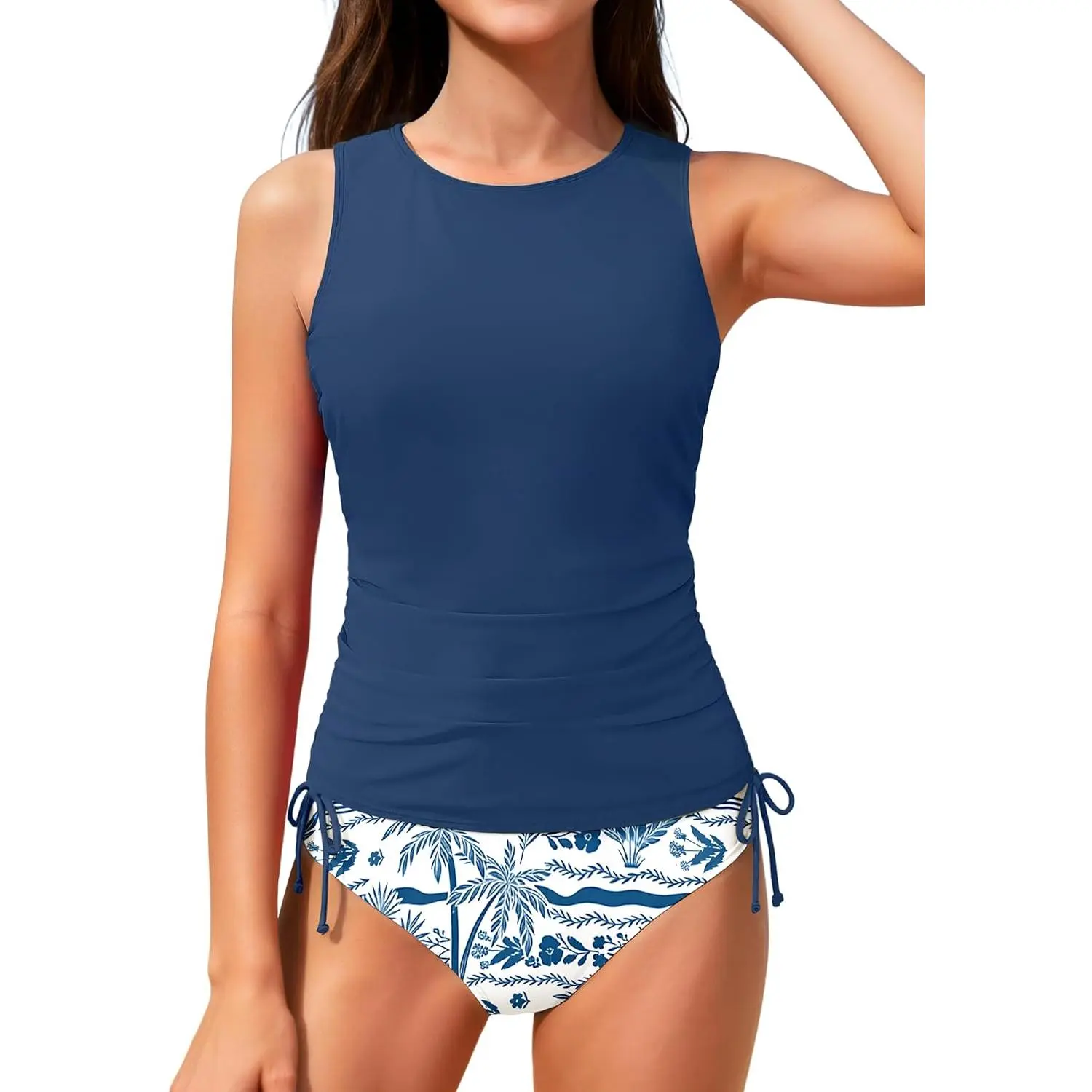 Girls Tankini Swimsuit High Neck Swim Tank Top and Tropical Print Bottom 2 Piece Ruched Bathing Suits for Girls 9-16Y