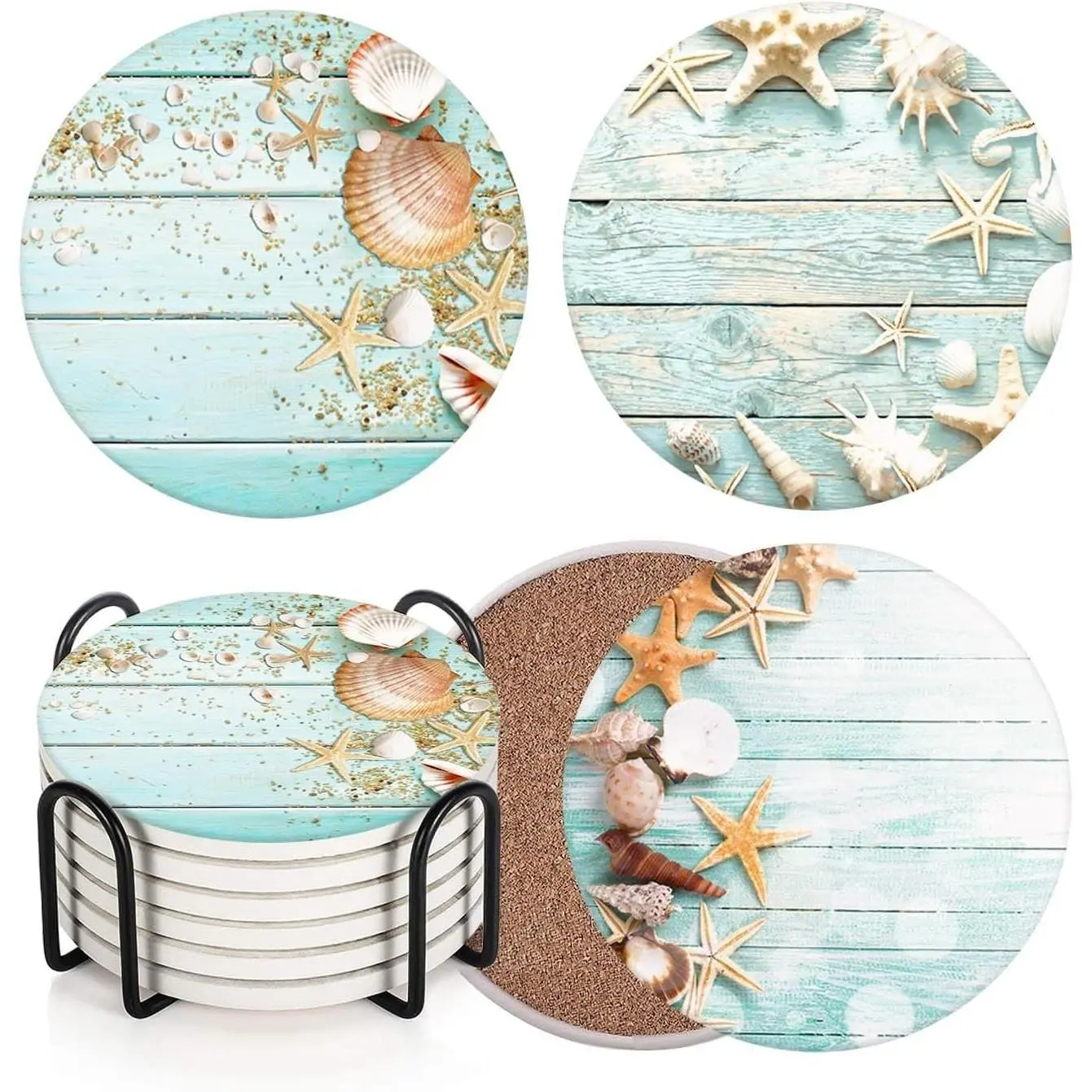 Coaster for Drinks Set of 6, Beach Seashells Wooden Nautical Wood Sand Table Coastal Absorbent Round Ceramic Stone Mat, with Cork Base and Metal Holder, Gift for Housewarming Room Bar Decor