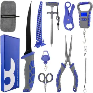 Fishing Gear and Equiment: 9pcs Fishing Tool kit - 7" Fillet Knife, 9" Needle Nose Pliers, Digital Fish Scale with Gripper, Dehooker, Scissors, Towel, Retractor and 2 lanyard  Saltwater, XT05