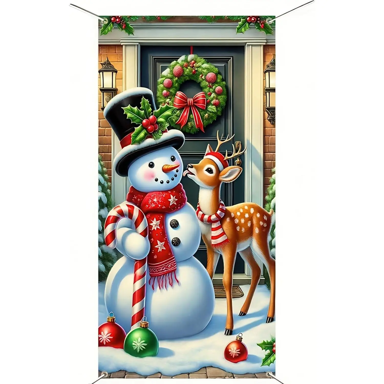 Christmas Door Cover 71x35 Inch Snowman and Reindeer Door Banner, Merry Christmas Door Decoration for Front Door, Indoor Outdoor Holiday Backdrop, Winter Xmas Party Door