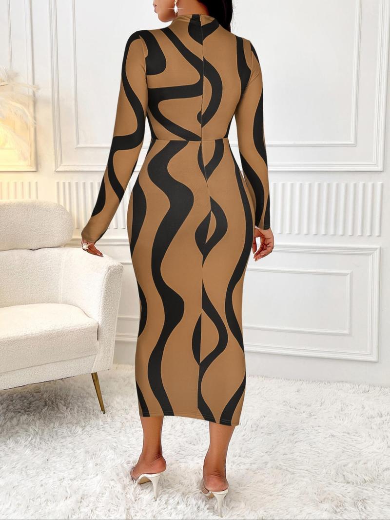 Aliling Women's Colorblock Print Cut Out Bodycon Dress, Elegant Fashion Casual Long Sleeve Dress for Daily Outdoor Wear, Women Dress for Spring Fall
