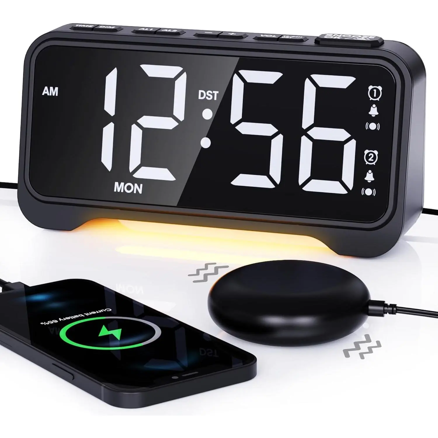 Vibrating Alarm Clock for Heavy Sleepers with 3-Level Bed Shaker, Dual Alarms, 7.5" Bright Digital Display, 5 Volume Levels, Adjustable Brightness & Night Light - Ideal for Teens and Hearing ImpairedGift