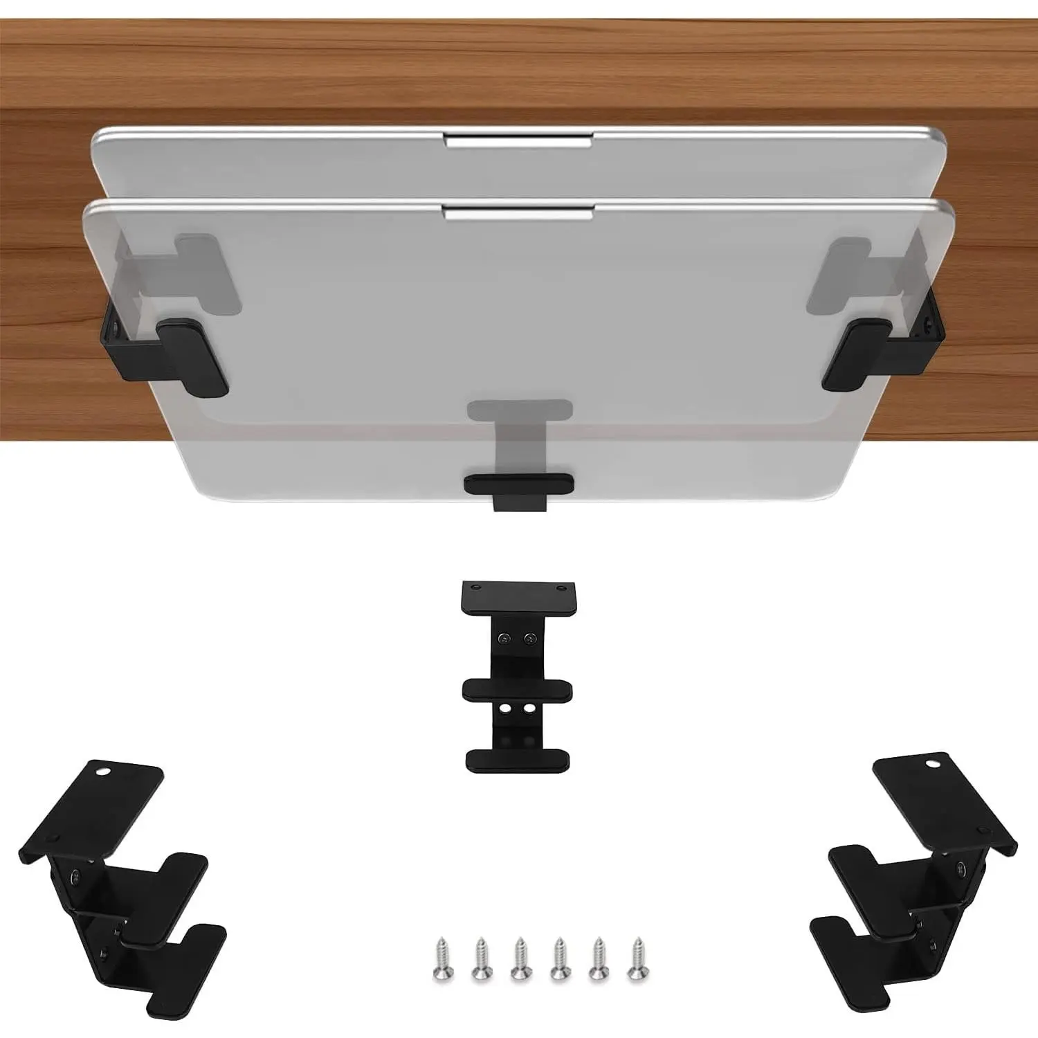 2-Tier Metal Under Desk Laptop Mount - Minimalist Decluttering Space Saver, Underdesk Fit Shelf Holder for Laptop, MacBook Pro, Keyboard with Anti-Scratch Design (Black)