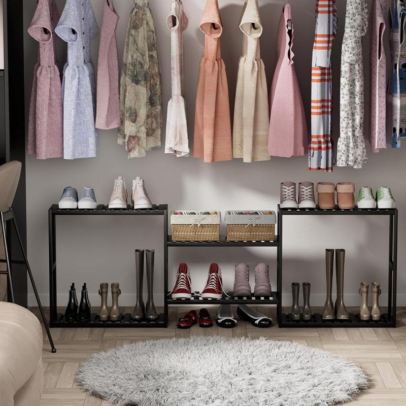 Bathroom Towel Rack Storage Shelf Over Toilet, Adjustable Height Bamboo Wall Mounted Shelf with Towel Bar & 3 Shelves, Floating Organizer for Small Bathroom, Kitchen, Shower Area, Black