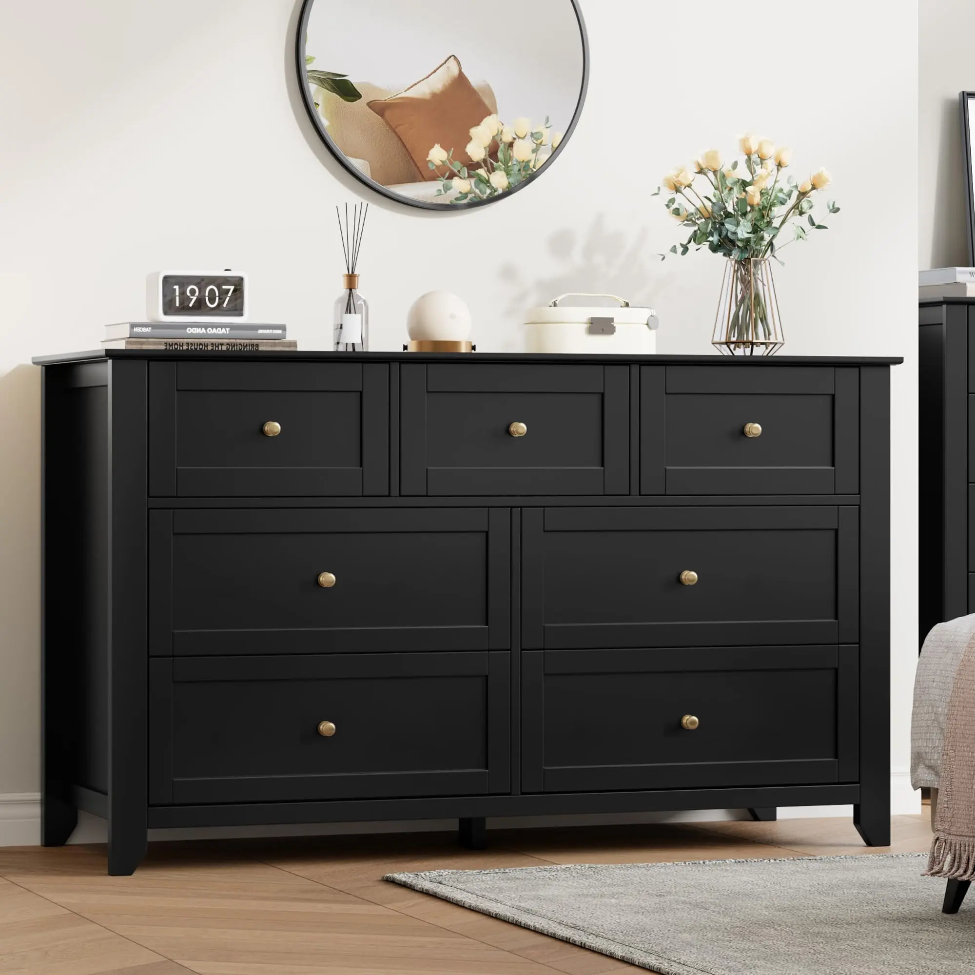 Garvee Black 7 Drawer Dresser for Bedroom, 54" wide Large Dresser with Deep Drawers & Metal Knobs, Modern Wooden Chests of Drawers for Entryway, Hallway