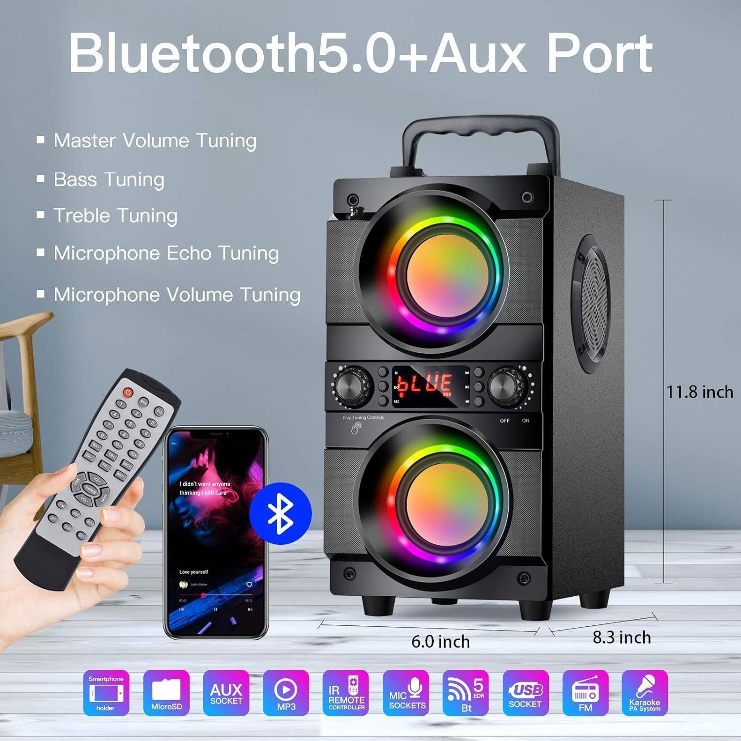 60W (80W ) Portable  Speaker with Double Subwoofer Heavy Bass,  5.0  100ft Outdoor Speaker, Support FM Radio, LED Colorful Lights, Stereo Sound, for , Party, Travel