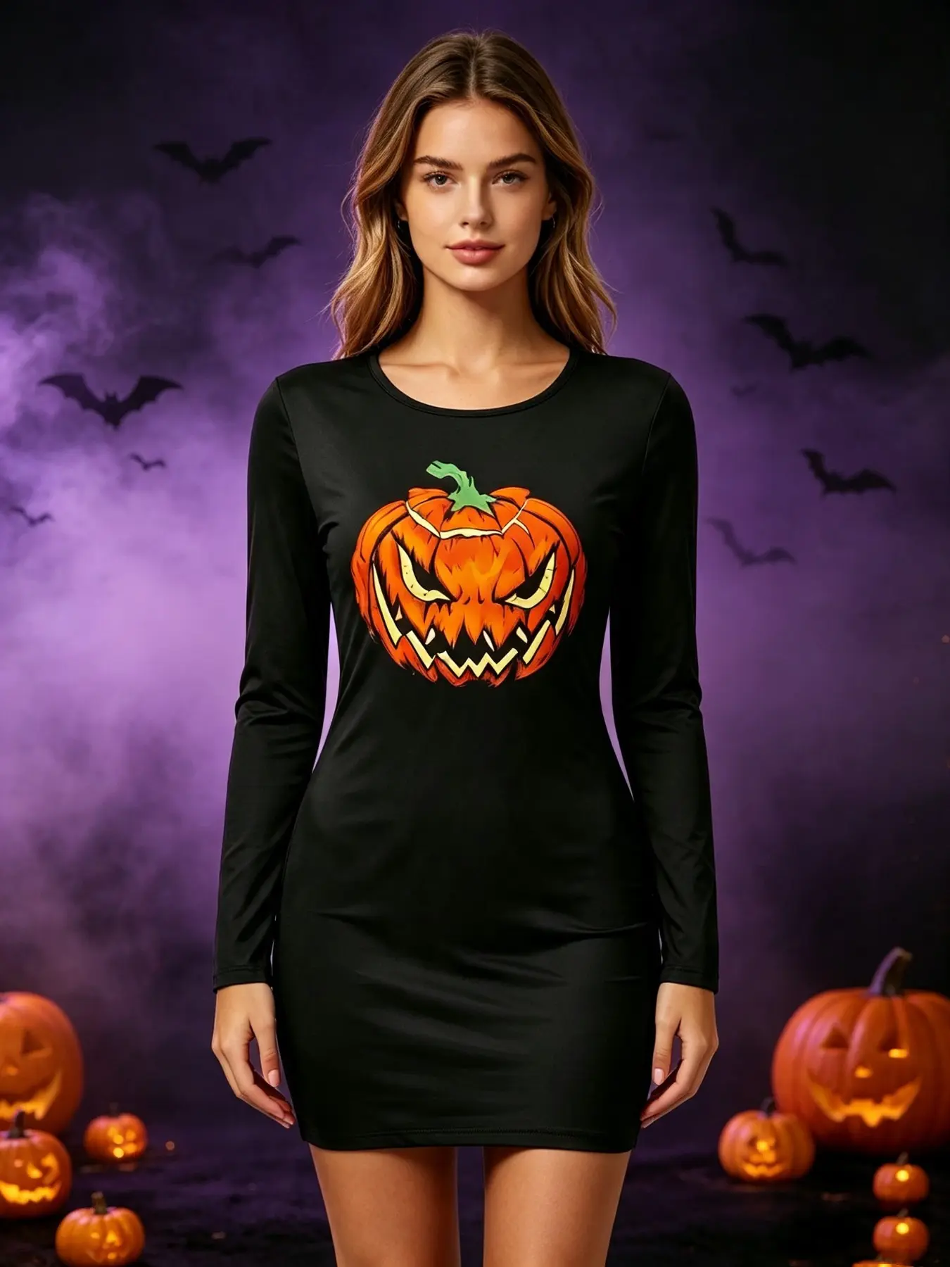 Halloween Women's Long Sleeve Dress, Spooky Pumpkin Head Print, Theme Party, Perfect for Halloween Events