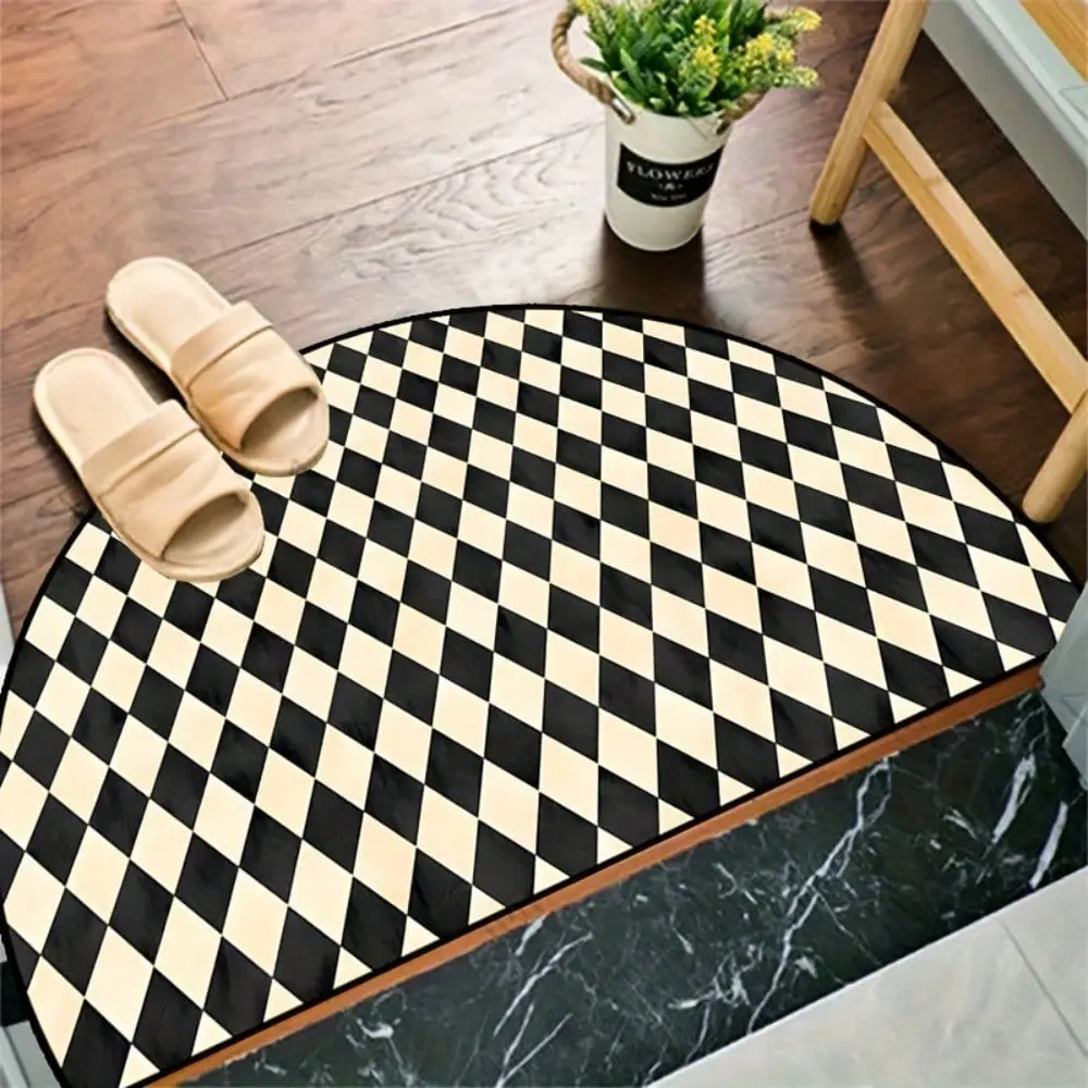 Plaid Semi-Circle Geometric Print Rug, Geometric Pattern Rug, Luxury Anti-Slip Velvet Welcome Mat, Easy Care Large Area Floor Mat for Living Room Bedroom, Checkered Area Rugs