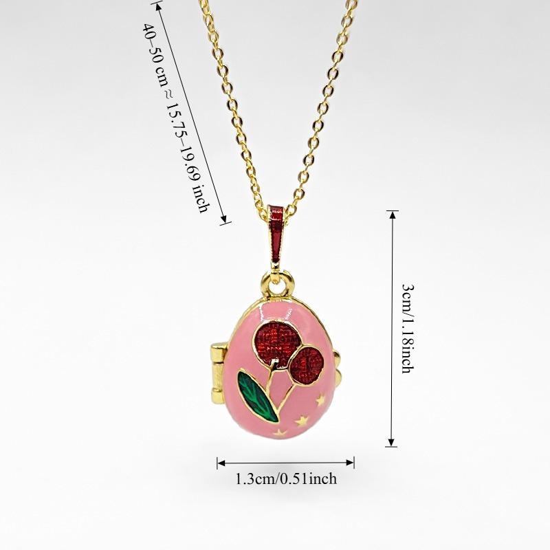 Surprise Butterfly Locket Necklace, Pink Enamel Cherry Egg Pendant, Openable Jewelry with Secret Charm Inside, Gold Tone Boho Aesthetic Accessory, Unique Gift