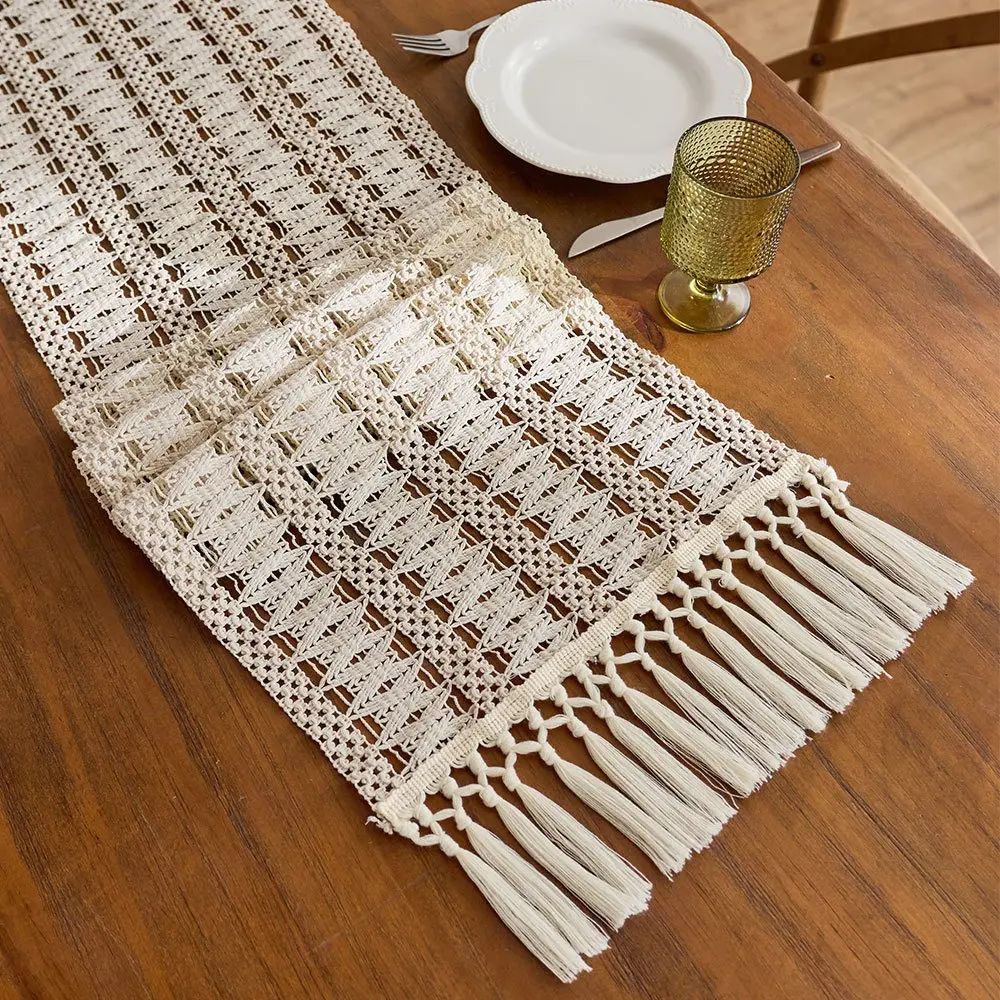 Boho Farmhouse Cream Cotton Fringe Table Runner - Textured Hollow-Out Knot Design, Rustic Neutral Decor for Dining Table, Everyday & Party Home Styling