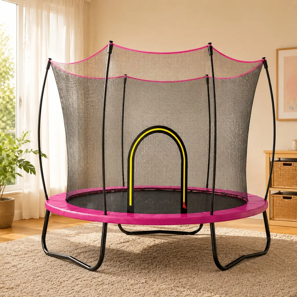 55 Inch Trampoline for Kids Outdoor with Enclosure Net, Dark Pink Steel Frame, Galvanized Frame with Black Powder Coating, UV Resistant Jumping Mat, 3 U-Legs Stable Design, 6 Safety Net Poles, No Gap Mat