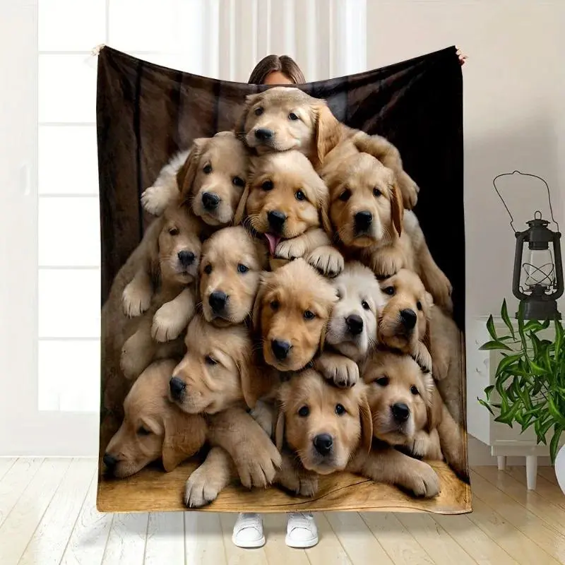 Cozy Golden Retriever Dog Pile Print Flannel Throw Blanket Soft All-Season Comfort for Couch, Bed, Office, and Travel