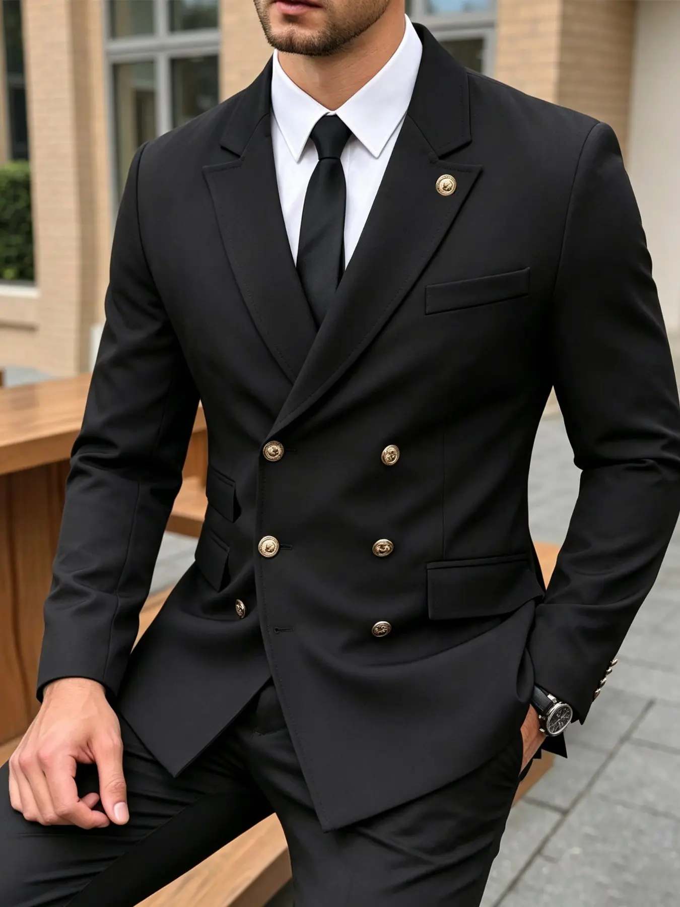 Men's suit jacket Long Sleeve featuring double-breasted gold buttons and a distinctive multi-pocket design—minimalist yet stylish. Suitable for various occasions such as banquets, weddings, and parties; features a slim fit for a formal look.