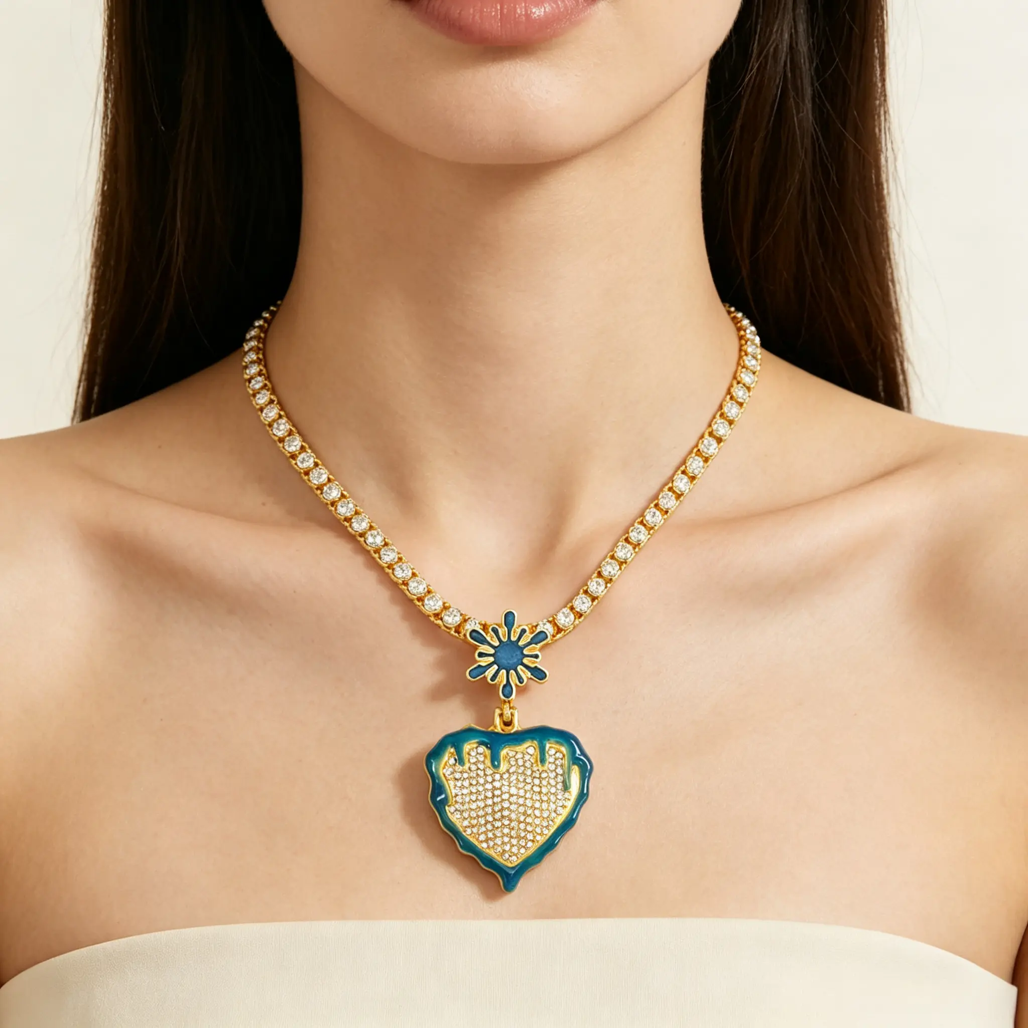 Glow In The Dark Iced Out Melting Heart Necklace, Hip Hop Tennis Chain Bling Pendant, Gift for Halloween Christmas, for Club Festival Cosplay Concert Street Daily Wear