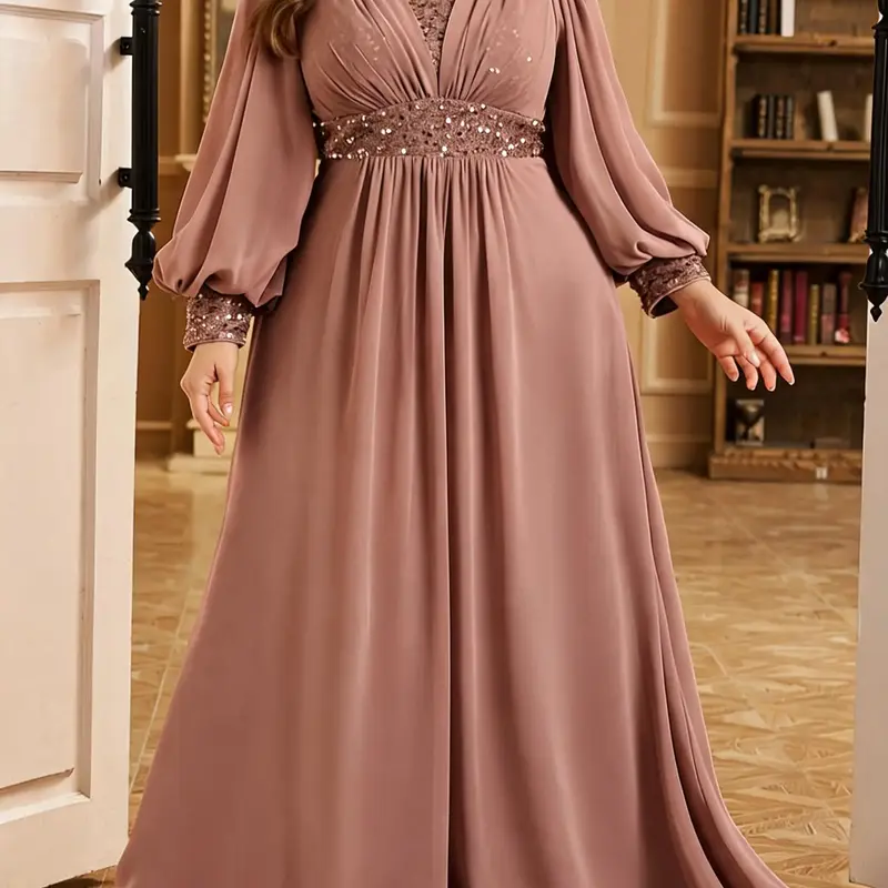 Elegant Round Neck Lantern Long Sleeve Woven Mermaid Dress, Ruched Front Beaded Sequins Waist Design, Perfect Formal Evening Gown for Special Occasions