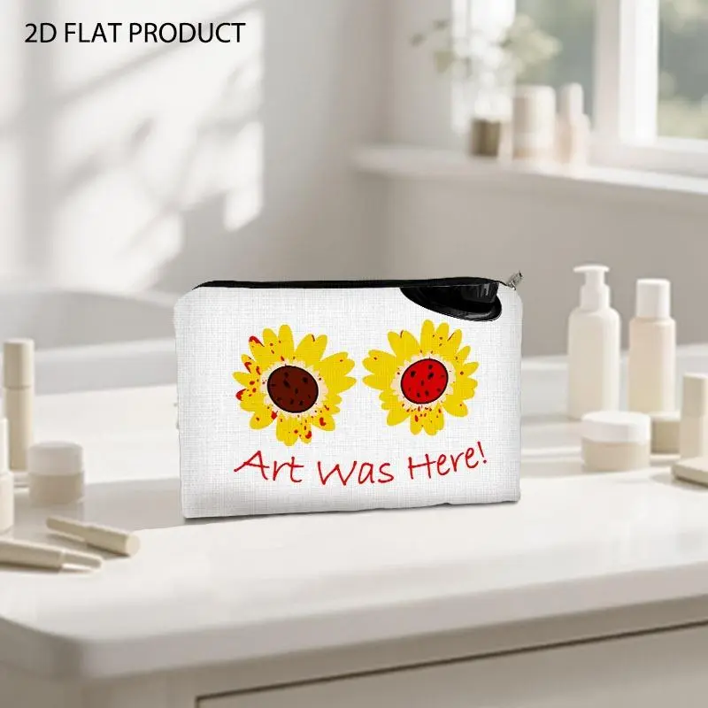 Whimsical Cartoon Sunflower Print Makeup Bag, 5.9*8.66inch Double-Sided Designed Cosmetic Pouch With "Art Was Here!" Slogan & Top Hat Pattern, Stylish Organizer for Daily Makeup Storage & Travel Use
