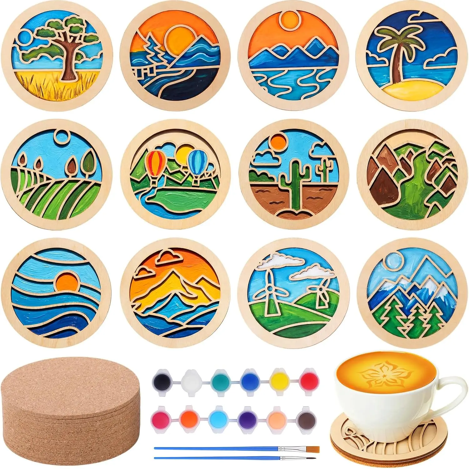 12 count  Coasters Craft Kit  You Own Coaster Wooden Painting Craft Kits for Adults and Beginners DIY Coasters Kit Mandala Painting Crafts Art Supplies (Landscape)
