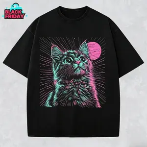 Women's Unisex Psychedelic Cat T-Shirt, Trippy Streetwear Vaporwave Weirdcore Aesthetic Tee, Y2K Rave Wear, 5XL Max Size, Father's Day Gift for Him/Her